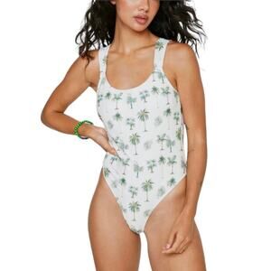 Nasty Gal Cream Recycled Palm Print Ruched Strap One Piece Swimsuit Size 2